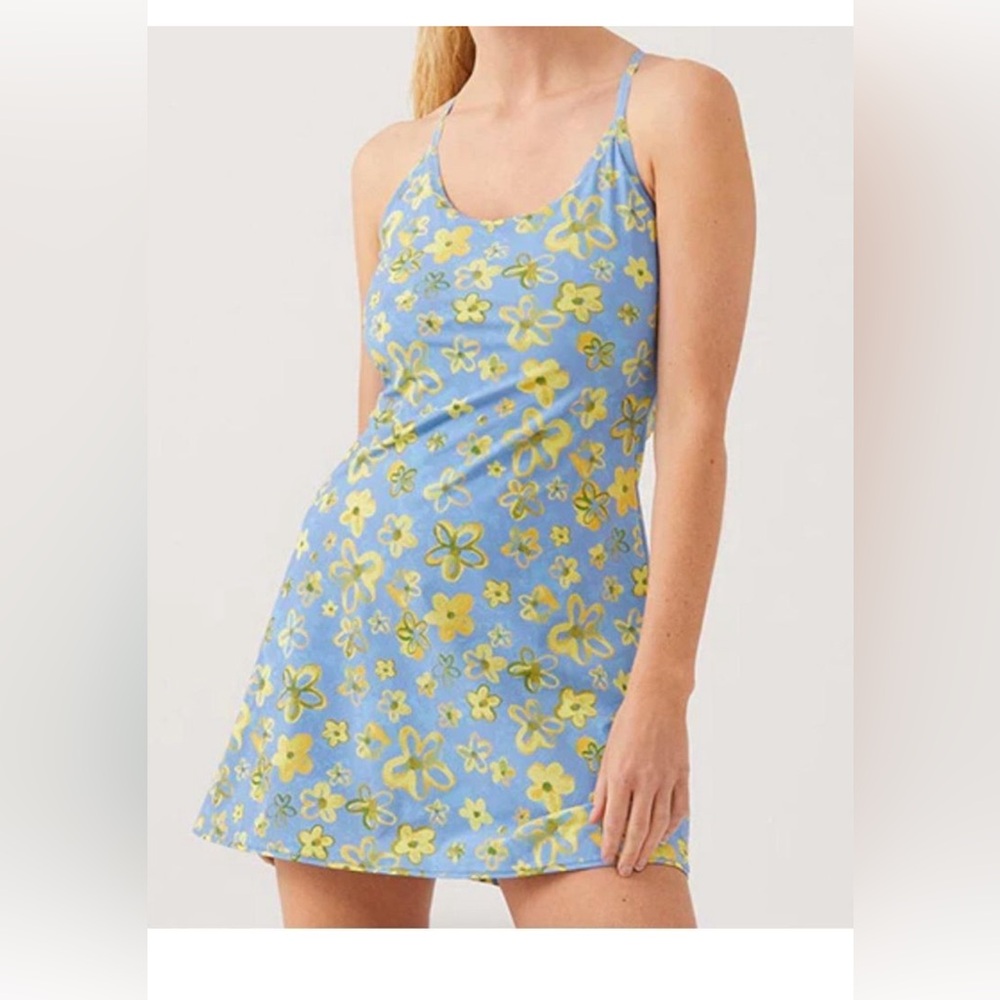 Outdoor Voices EXERCISE FLORAL-PRINT LIGHTSPEED TENNIS DRESS IN BLUE Sz S Lined